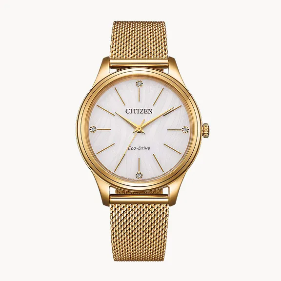 EM1222-87A - Goldene Citizen Damenuhr mit feinem Mesh-Armband und minimalistischem weißen Zifferblatt.